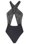 Venuja Black One-piece Swimsuit With Braided Straps And Bead Decorations In Tech Fabric Woman