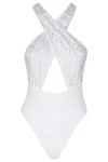 Venuja White High Cut One-piece With Crossed Neckline And Beaded Embellishments In White