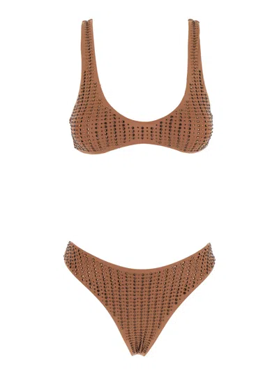 Venuja V-neck Stud-trim Tech Fabric Bikini With High-cut Brazilian Briefs In Brown