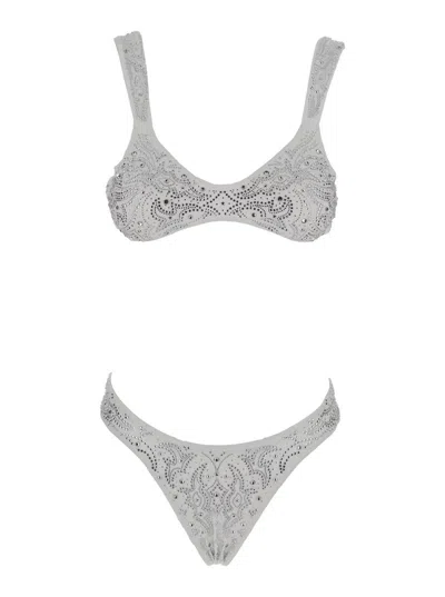 Venuja White High Cut Bikini With Top With Adjustable Rear Closure And All-over Beaded Embellishment In Tec In Gray
