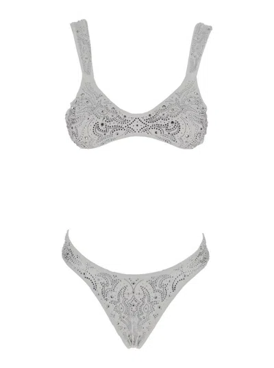 VENUJA WHITE HIGH CUT BIKINI WITH TOP WITH ADJUSTABLE REAR CLOSURE AND ALL-OVER BEADED EMBELLISHMENT IN TEC