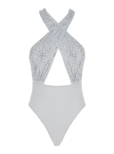 Venuja White High Cut One-piece With Crossed Neckline And Beaded Embellishments In Tech Fabric Stretch Woma