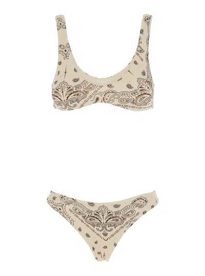 Venuja White Tech Fabric Bikini With Brazilian Cut Bottoms And All-over Print