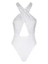 Venuja White High Cut One-piece With Crossed Neckline And Beaded Embellishments In White