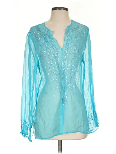 Pre-owned Venus Long Sleeve Silk Top Teal Plunge Neckline Tops
