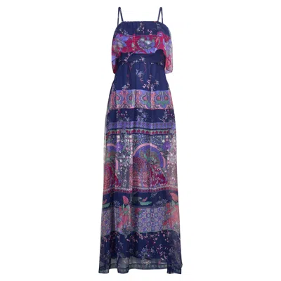 Pre-owned Vera Mont 1970s  Navy Organza Art Nouveau Print Maxi Dress In Blue