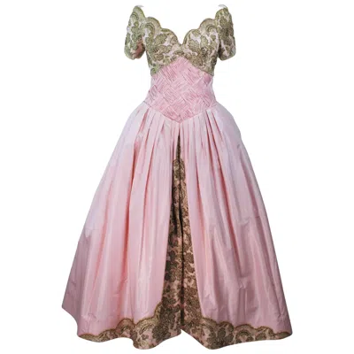 Pre-owned Vera Wang 1980's Embellished Pink Silk Ball Gown With Gold Lace Size 10-12