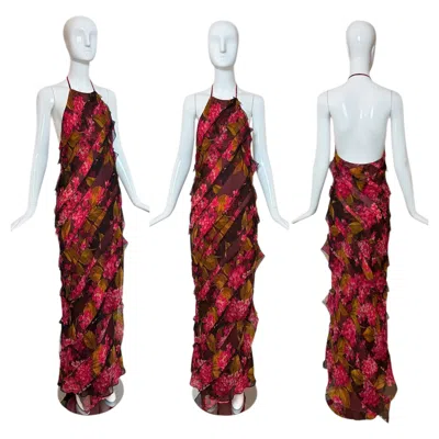 Pre-owned Vera Wang 2000 Vintage Silk Floral Ruffle Halter Evening Gown Maxi Dress In Brown