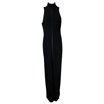Pre-owned Vera Wang Black Knit Jersey Racer Shoulder Zipper Front Fitted Maxi Dress