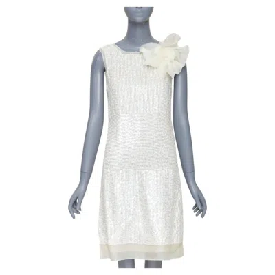 Pre-owned Vera Wang Bridal Cream Silk Organza Sequin Floral Brooch Shift Dress Us4 M In White