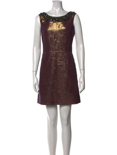 Pre-owned Vera Wang Crew Neck Mini Dress In Gold/purple