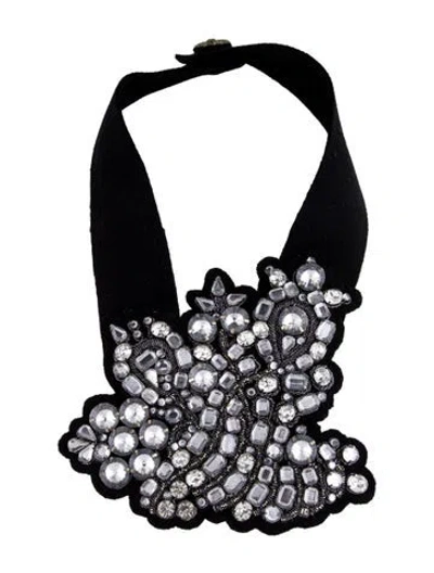 Pre-owned Vera Wang Crystal Embroidered Fabric Statement Necklace, 23.25" In Black