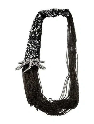 Pre-owned Vera Wang Crystal, Sequin & Fabric Dragonfly Necklace, 50" In Black/silver