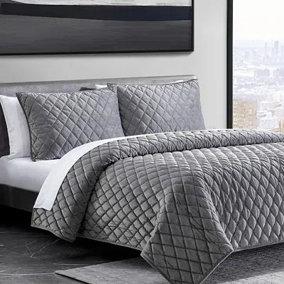 Vera Wang Diamond Velvet Charcoal King Quilt Set In Soft Charcoal