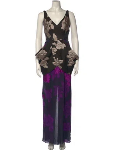 Pre-owned Vera Wang Floral Print Long Dress In Black