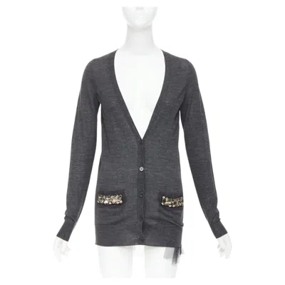 Pre-owned Vera Wang Grey Wool Black Tulle Lined Crystal Embellished Cardigan Sweater In Gray