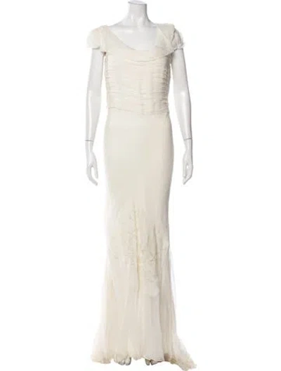 Pre-owned Vera Wang Lace Pattern Long Dress In Neutrals