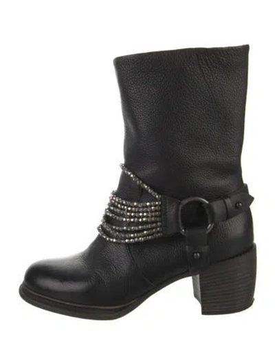 Pre-owned Vera Wang Leather Beaded Accents Moto Boots In Black