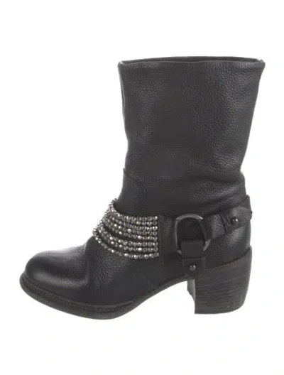 Pre-owned Vera Wang Leather Beaded Accents Moto Boots In Black