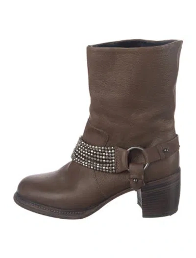 Pre-owned Vera Wang Leather Beaded Accents Moto Boots In Brown