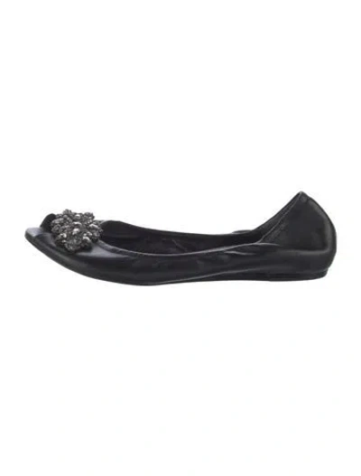 Pre-owned Vera Wang Leather Crystal Embellishments Ballet Flats In Black