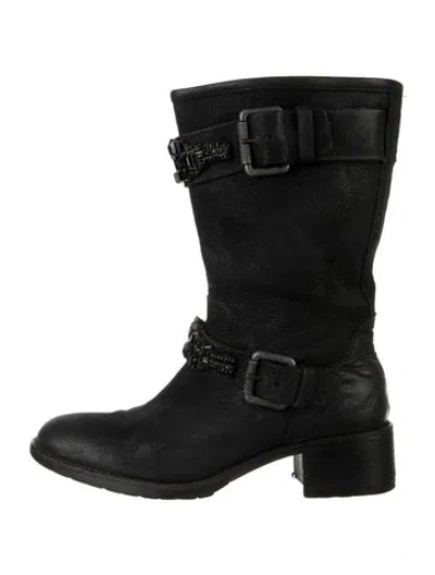 Pre-owned Vera Wang Leather Crystal Embellishments Moto Boots In Black