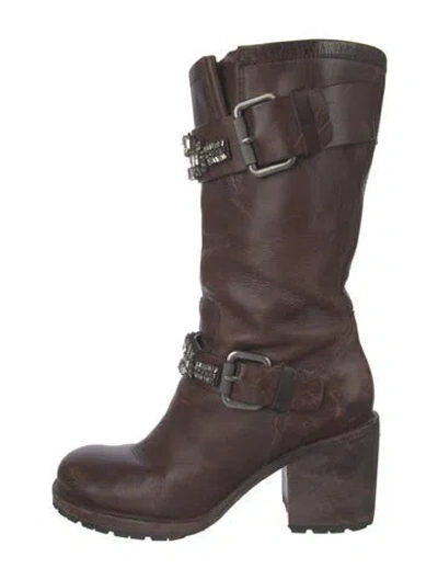 Pre-owned Vera Wang Leather Crystal Embellishments Moto Boots In Brown