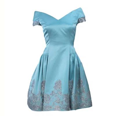 Pre-owned Vera Wang 'made To Order' Silk Blue Cocktail Dress With Lace Trim Size 6-8