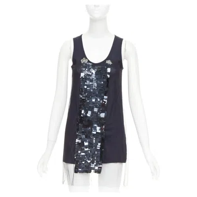 Pre-owned Vera Wang Navy Cotton Silk Sheer Overlay Paillette Beaded Scoop Tank Top S In Blue