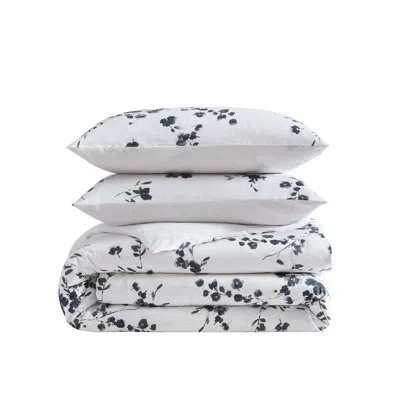 Vera Wang Noir Bouquet Cotton Reversible Grey Duvet Cover Set In Black;ivory