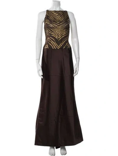 Pre-owned Vera Wang Printed Long Dress In Brown