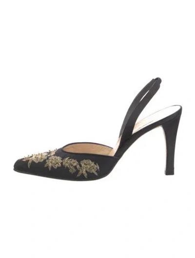 Pre-owned Vera Wang Satin Floral Print Slingback Pumps In Black