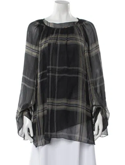 Pre-owned Vera Wang Silk Plaid Print Blouse In Gray