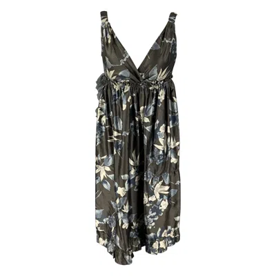 Pre-owned Vera Wang Size 4 Slate Cream Silk Floral Ruched Dress In White