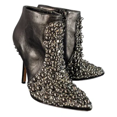 Pre-owned Vera Wang Size 6 Black Leather Studded Side Zipper Stiletto Boots