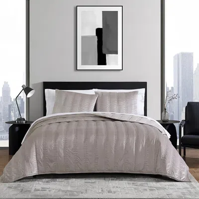 Vera Wang Velvet Linear Stitch 3 Piece Quilt Set, King In French Clay