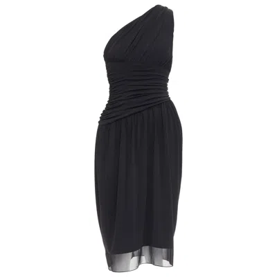 Pre-owned Vera Wang Vintage Black One Shoulder Ruched Waist Silk Lined Dress Us2 S