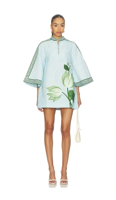 Verandah Anj Mini Dress In Ice Blue And Emerald Lotus And Toda