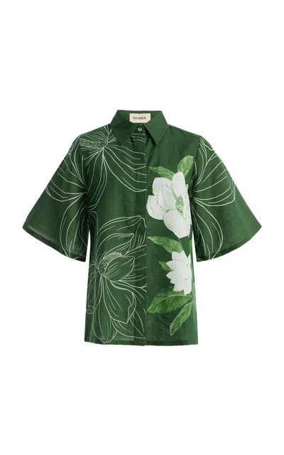 Verandah Bell-sleeve Floral Linen-cotton Shirt In Green