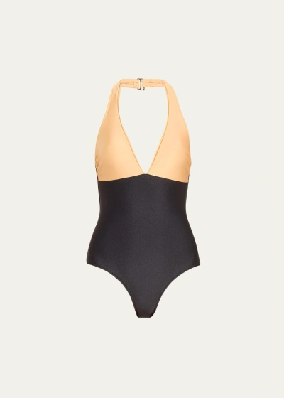 Verandah Colorblock Halter Plunge One-piece Swimsuit In Gold
