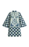 Verandah Cotton-hemp Mini Kaftan Dress In Blue