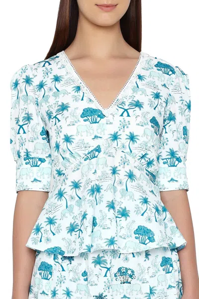 Verandah Deep Neck Peplum Blouse In Teal White Elephants Lions In Blue
