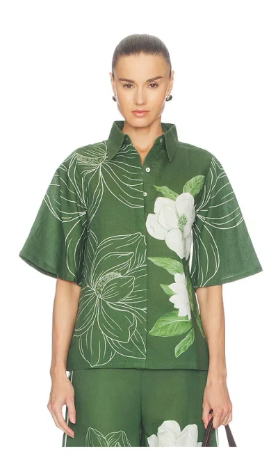 Verandah Floral Bell Sleeve Shirt In Emerald Linear Magnolia