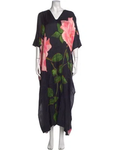 Pre-owned Verandah Floral Print Long Dress In Black