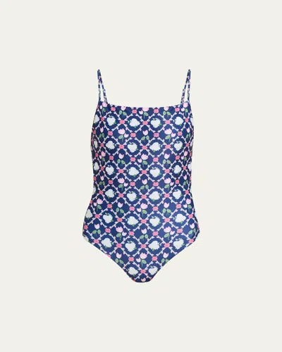 Verandah Floral Square-neck One-piece Swimsuit In Navy Lotus