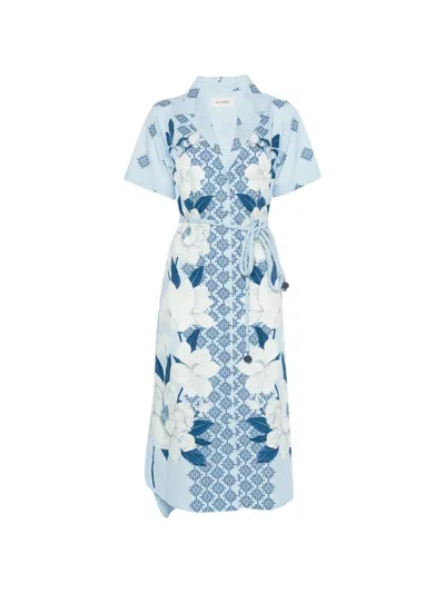 Verandah Floral-print Braided-belt Midi Dress In Blue