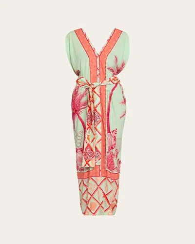 Verandah Hand-beaded Ocean Kaftan Dress In Coral And Celadon Palm Panel