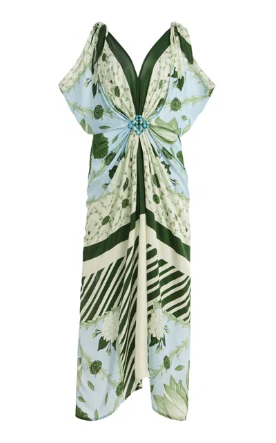 Verandah Hand-knotted Draped Satin Maxi Dress In Green