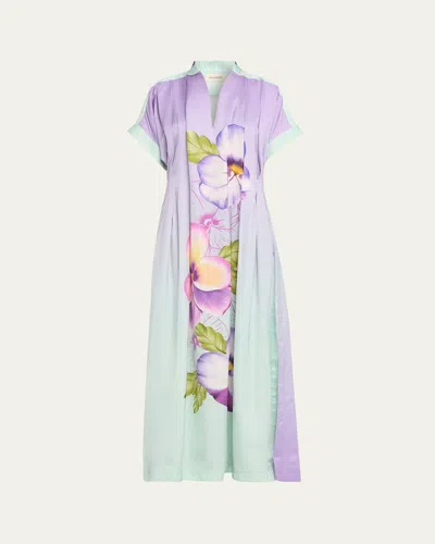 Verandah Hand-pleated Floral Kaftan Maxi Dress In Multi