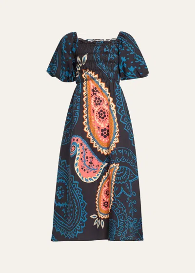 Verandah Paisley Printed Smocked Maxi Dress In Blue